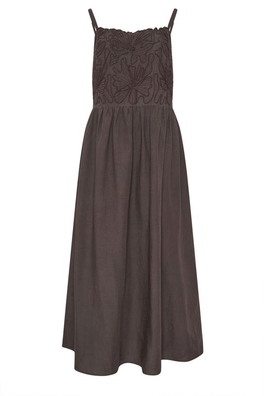 LTS Tall Women's Chocolate Brown Linen Embroidered Midi Dress | Long Tall Sally 6