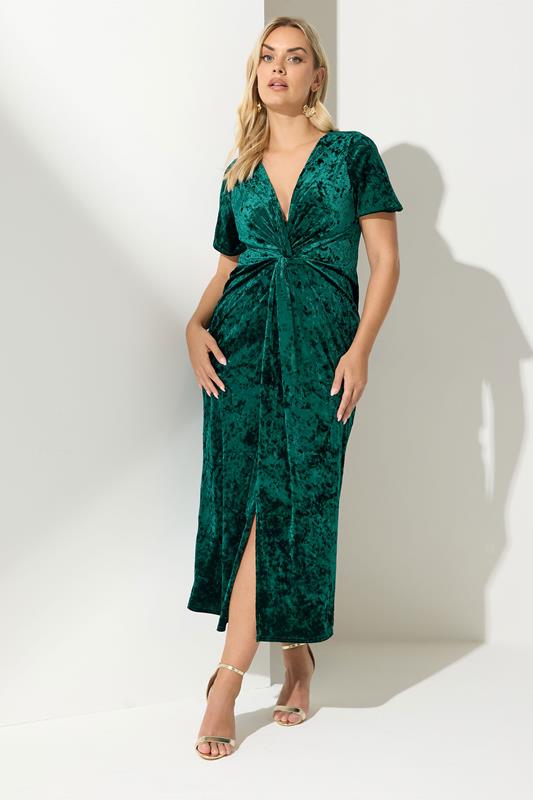YOURS LONDON Curve Green Velvet Knot Maxi Dress
