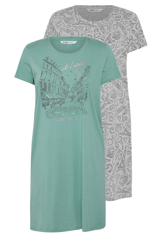 YOURSET Plus Size 2 PACK Green Paris Scene Nightdresses | Yours Clothing 1