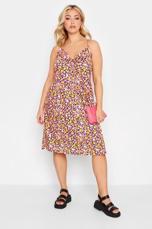 YOURS Plus Size Pink Floral Print Ring Front Midi Dress | Yours Clothing 2