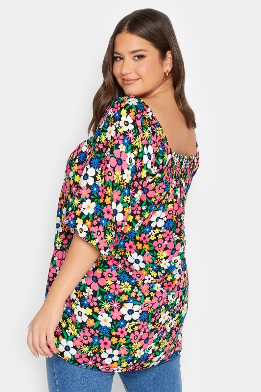 YOURS Plus Size Blue & Pink Floral Shirred Neck Top | Yours Clothing 3