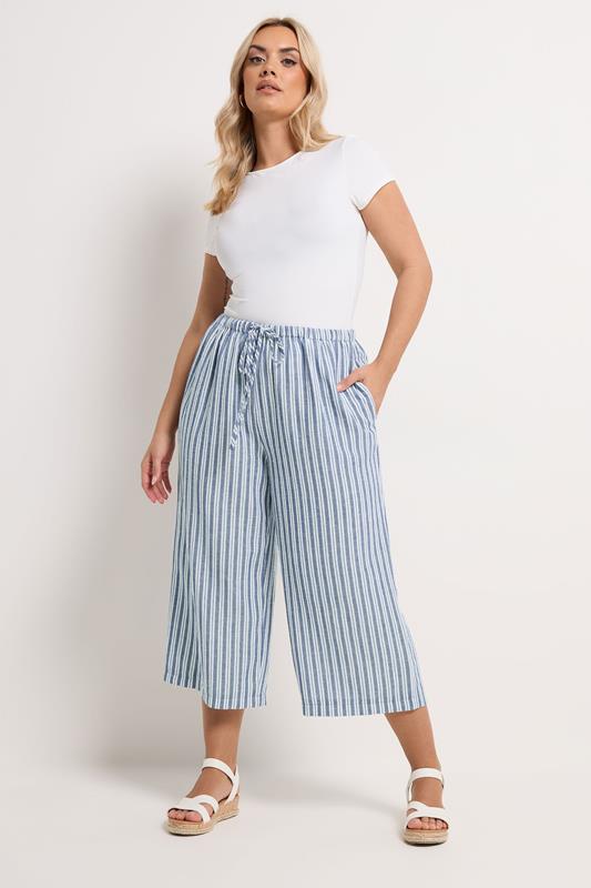 YOURS Curve Blue Stripe Linen Look Cropped Trousers