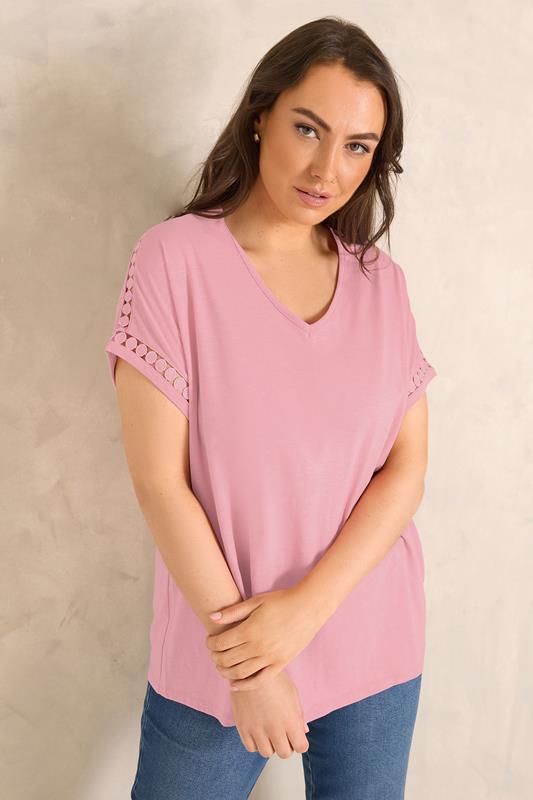 EVANS Curve Pink Crochet Trim T-Shirt