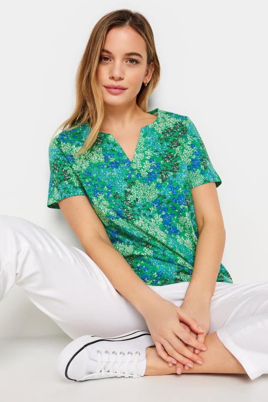 Women's  M&Co Petite Green Ditsy Floral Print Notch Neck Cotton T-Shirt