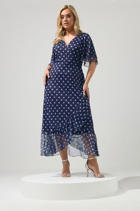 YOURS LONDON Curve Navy Blue Polka Dot Wrap Dress