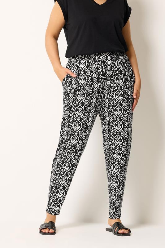 YOURS Curve Black Ikat Print Harem Trousers