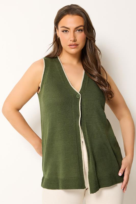 YOURS Curve Khaki Green Contrast Trim Knitted Waistcoat