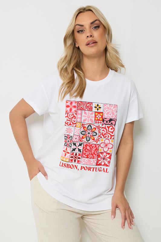 YOURS Curve White & Pink 'Lisbon Portugal' Graphic T-Shirt