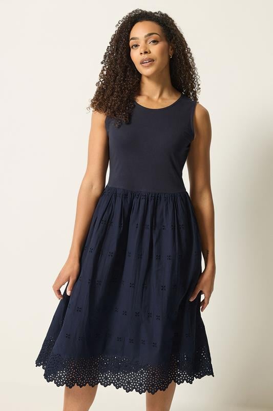  M&Co Navy Blue Sleeveless Broderie Cotton Midi Dress