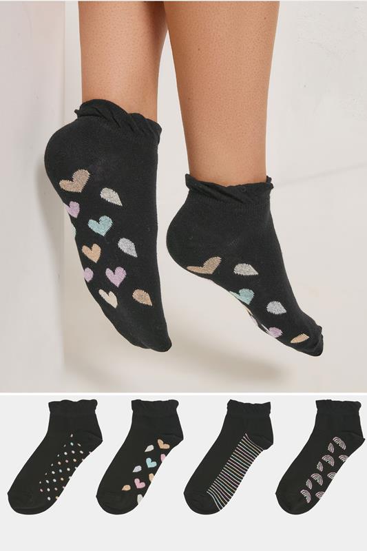 YOURSET 4 PACK Plus Size Black Heart Print Ankle Socks | Yours Clothing 1