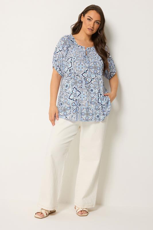 YOURS Plus Size Blue Floral Bardot Top | Yours Clothing 1