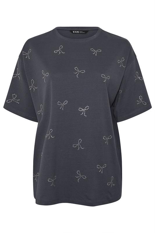 YOURS Plus Size Grey Embellished Bow Oversized T-Shirt | Yours Clothing 6
