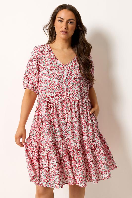 YOURS Curve Pink & White Floral Tiered Smock Dress