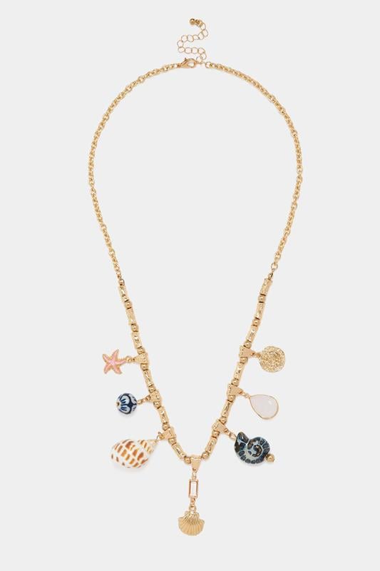 Gold Tone Shell Charm Statement Necklace