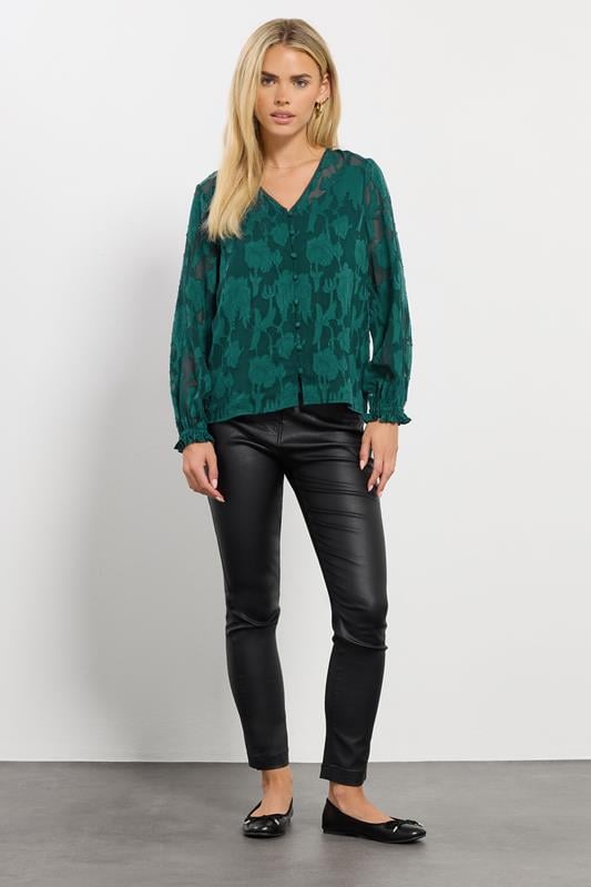 M&Co Petite Teal Green Floral Jacquard V-Neck Blouse | M&Co 4
