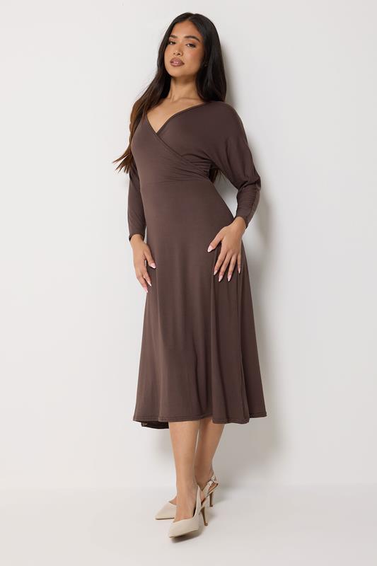 PixieGirl Petite Women's Chocolate Brown Wrap Midi Dress | PixieGirl 1