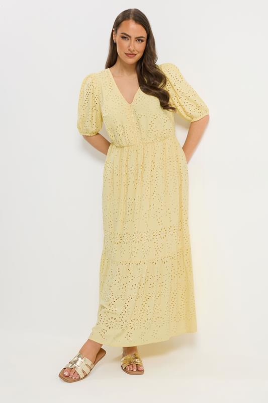 YOURS Plus Size Yellow Broderie Anglaise Tiered Maxi Dress | Yours Clothing 1