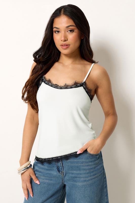 PixieGirl Petite White & Black Lace Trim Asymmetric Vest Top