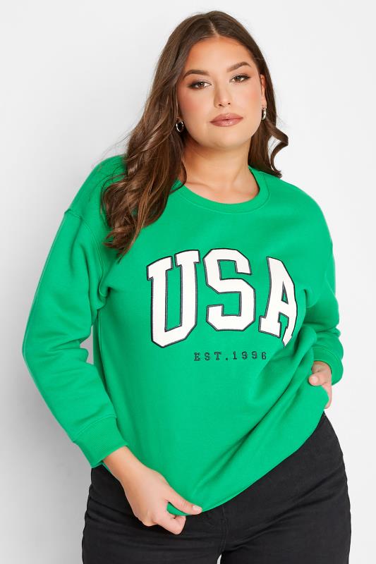 Plus Size  YOURS Curve Green 'USA' Embroidered Slogan Sweatshirt
