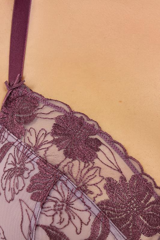 YOURS Plus Size Purple Embroidered Floral Non-Padded Bra | Yours Clothing 4