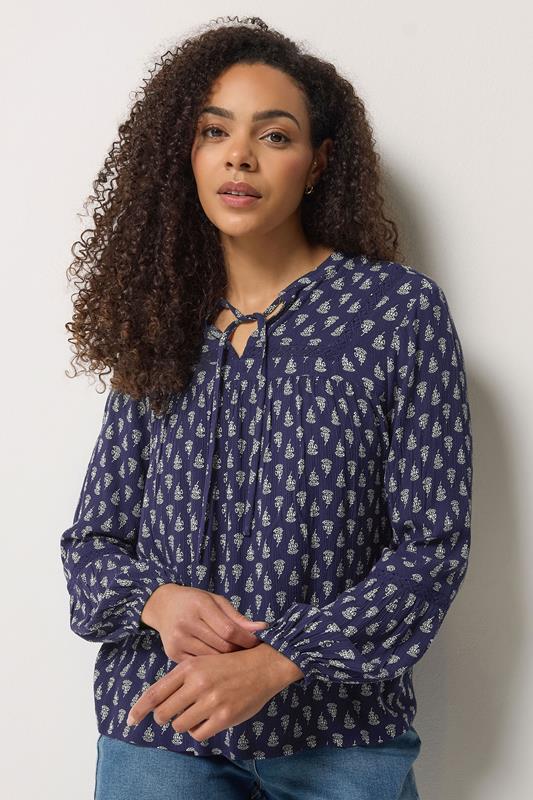  M&Co Navy Blue Aztec Tie Neck Blouse