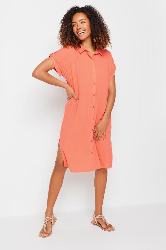 Women's  M&Co Coral Pink Short Sleeve Crinkle Shirt Dress