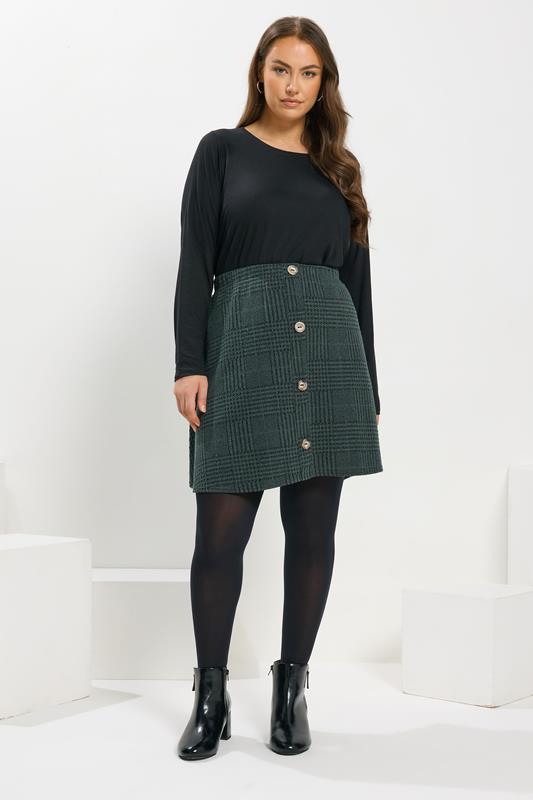 YOURS Plus Size Green Check Button Front Mini Skirt | Yours Clothing 1