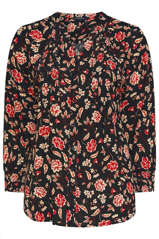 EVANS Plus Size Black & Red Floral Print Pintuck Blouse | Evans 5