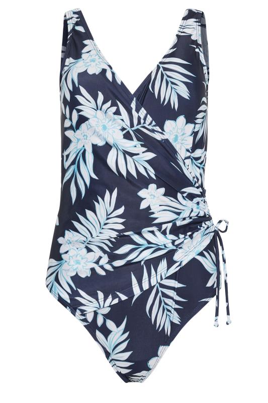 M&Co Navy Blue Tropical Floral Print Tummy Control Wrap Swimsuit | M&Co 5