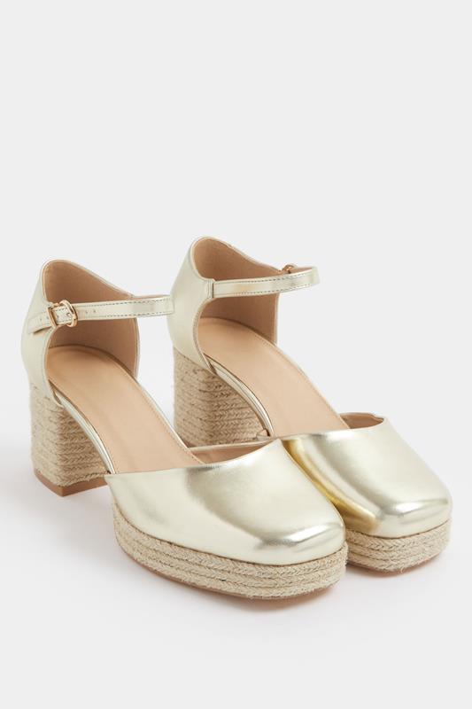 Gold Espadrille Platform Block Heels In Extra Wide EEE Fit | Yours Clothing 1