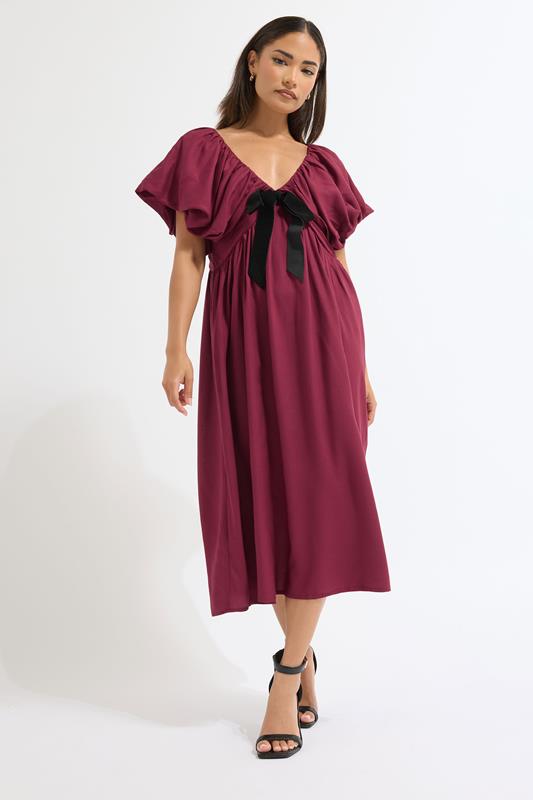 PixieGirl Petite Women's Burgundy Red Velvet Bow Mini Dress | PixieGirl 1