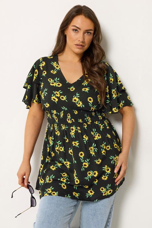 YOURS Curve Black Sunflower Print Flutter Sleeve Top
