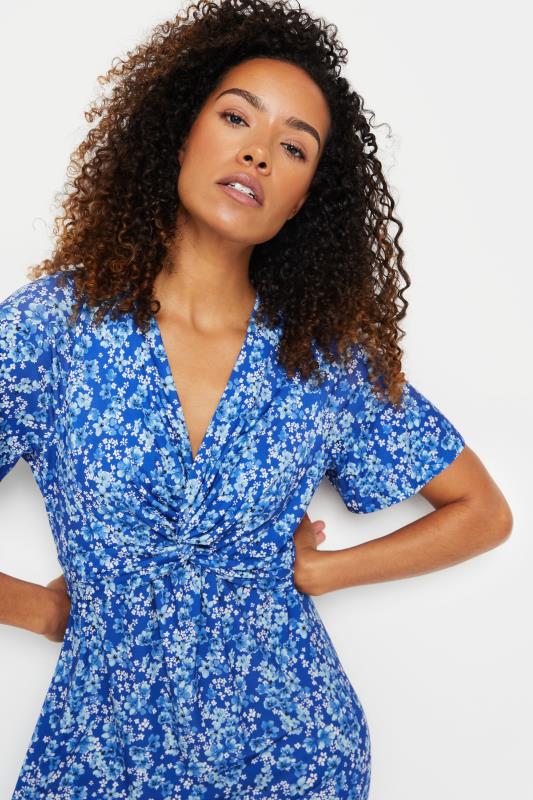M&Co Blue Floral Print Twist Front Short Sleeve Dress | M&Co 4