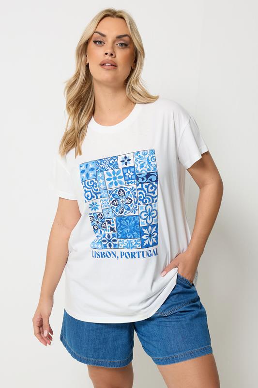 YOURS Curve White & Blue 'Lisbon Portugal' Graphic T-Shirt
