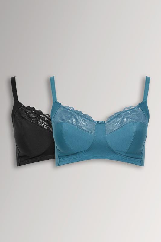 YOURSET 2 PACK Curve Teal Green & Black Non-Padded Non-Wired Full Cup Cotton & Lace Bras
