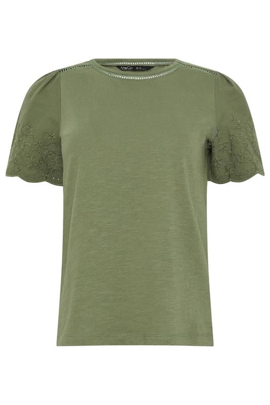 M&Co Petite Khaki Green Embroidered Sleeve Cotton T-Shirt | M&Co 5