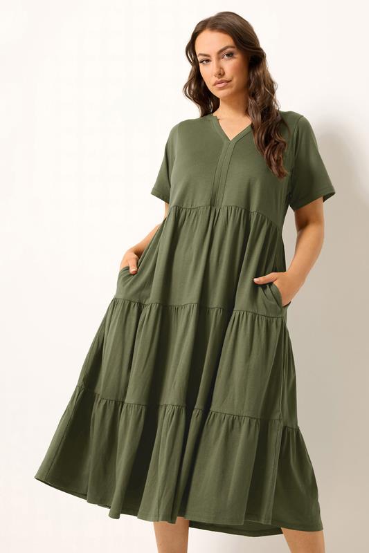 YOURS Plus Size Khaki Green Tiered Maxi Dress | Yours Clothing 1