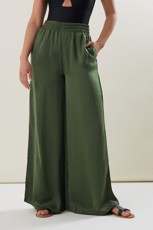 LTS Tall Khaki Green Matt Satin Wide Leg Trousers | Long Tall Sally 1
