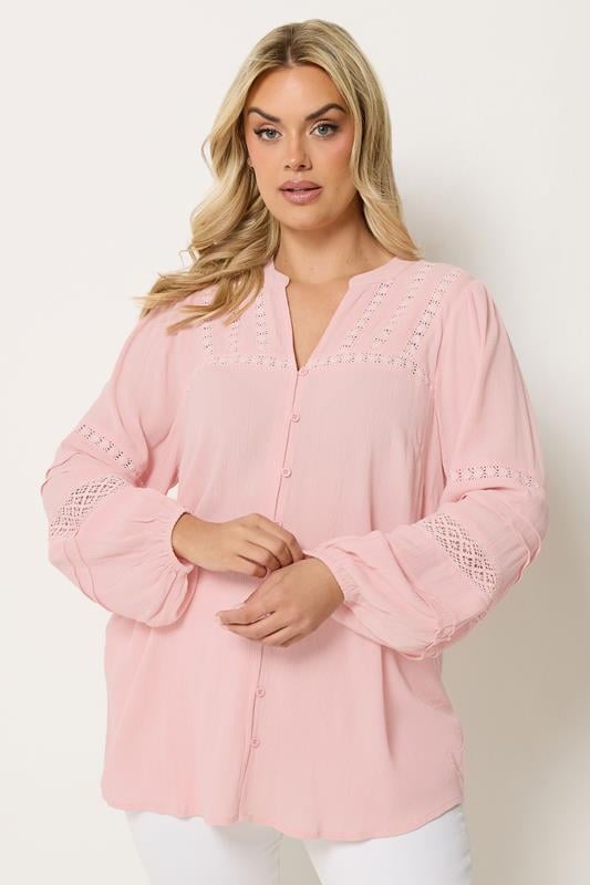 YOURS Plus Size Pink Crochet Notch Neck Top | Yours Clothing 1