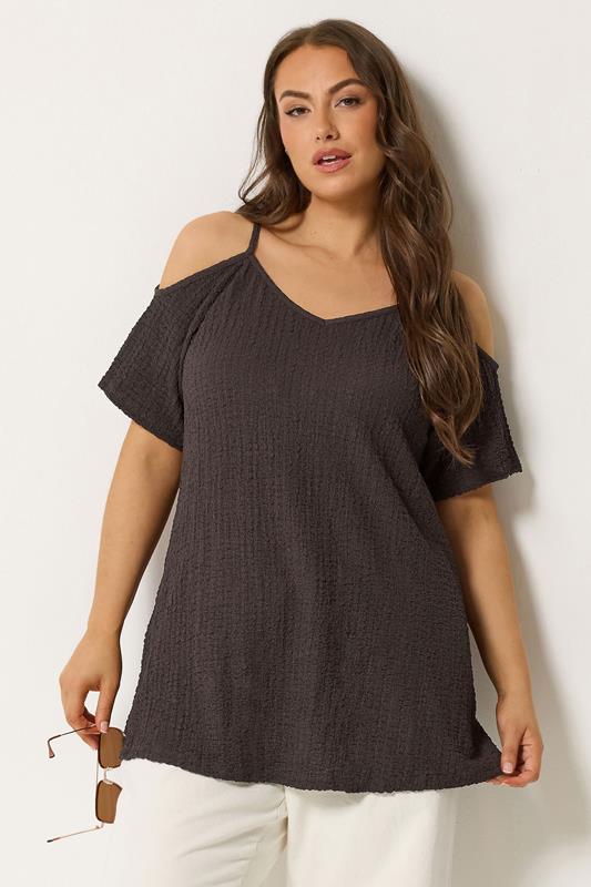 YOURS Plus Size Chocolate Brown Textured Cold Shoulder Top | Yours Clothing 1
