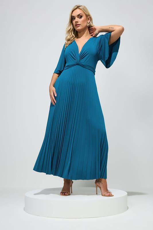 YOURS LONDON Plus Size Teal Blue Knot Pleated Maxi Dress | Yours Clothing 1