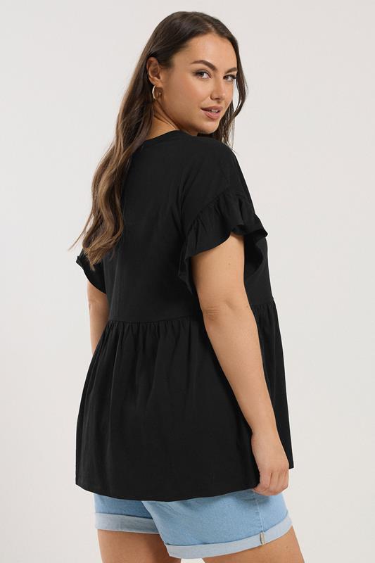 YOURS Plus Size Black Button Frill Sleeve Peplum Top | Yours Clothing 2