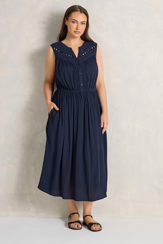 EVANS Plus Size Navy Blue Sleeveless Macrame Midi Dress | Evans 2