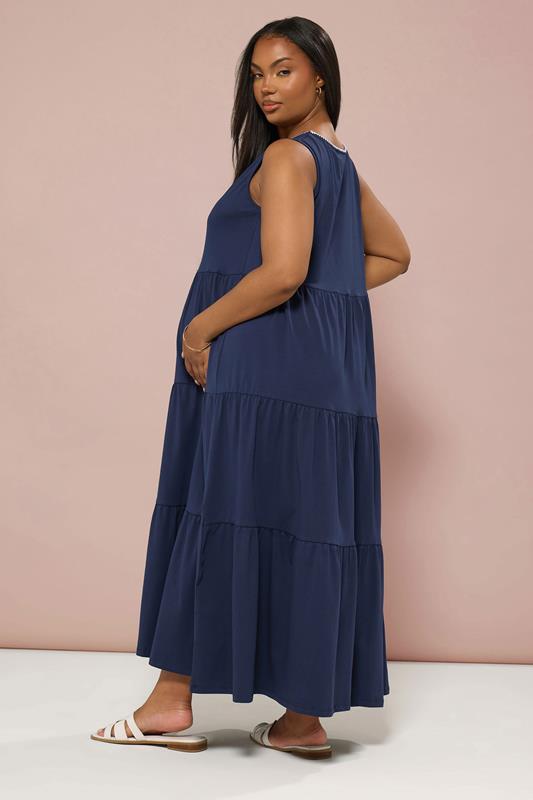 BUMP IT UP MATERNITY Plus Size Navy Blue Blanket Stitch Tiered Maxi Dress | Yours Clothing 1