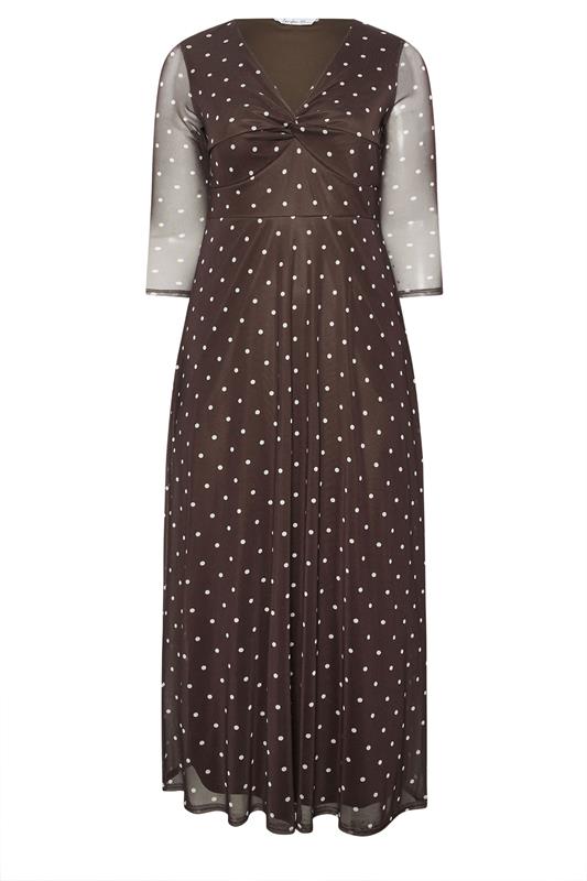 YOURS LONDON Plus Size Chocolate Brown Polka Dot Knot Front Dress | Yours Clothing 5