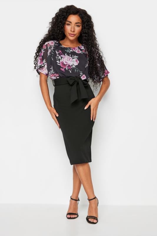 Women's  M&Co Petite Black Floral Print 2 In 1 Tie Belt Dress