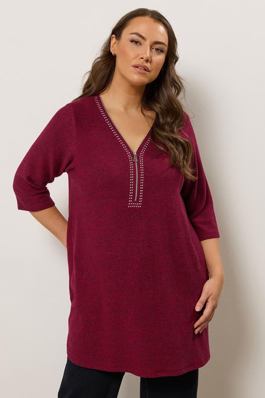  EVANS Curve Red Zip Front Stud Detail Top