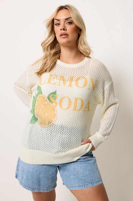 YOURS Curve Ivory White 'Lemon Soda' Pointelle Jumper