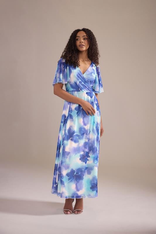  M&Co Blue Floral Print Mesh Maxi Wrap Dress
