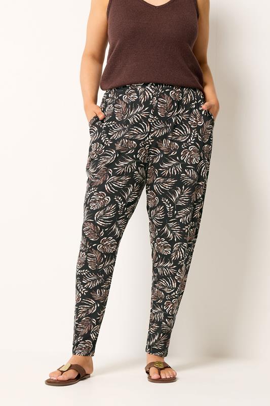 YOURS Curve Black Leaf Print Double Pleat Harem Trousers